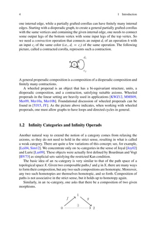 4 1 Introduction
one internal edge, while a partially grafted corollas can have finitely many internal
edges. Starting with a dioperadic graph, to create a general partially grafted corollas
with the same vertices and containing the given internal edge, one needs to connect
some output legs of the bottom vertex with some input legs of the top vertex. So
we need a contraction operation that connects an output di of an operation h with
an input cj of the same color (i.e., di D cj) of the same operation. The following
picture, called a contracted corolla, represents such a contraction.
h
di
cj
A general properadic composition is a composition of a dioperadic composition and
finitely many contractions.
A wheeled properad is an object that has a bi-equivariant structure, units, a
dioperadic composition, and a contraction, satisfying suitable axioms. Wheeled
properads in the linear setting are heavily used in applications [KWZ12, MMS09,
Mer09, Mer10a, Mer10b]. Foundational discussion of wheeled properads can be
found in [YJ15, JY]. As the picture above indicates, when working with wheeled
properads, one must allow graphs to have loops and directed cycles in general.
1.2 Infinity Categories and Infinity Operads
Another natural way to extend the notion of a category comes from relaxing the
axioms, so they do not need to hold in the strict sense, resulting in what is called
a weak category. There are quite a few variations of this concept; see, for example,
[Lei04, Sim12]. We concentrate only on 1-categories in the sense of Joyal [Joy02]
and Lurie [Lur09]. These objects were actually first defined by Boardman and Vogt
[BV73] as simplicial sets satisfying the restricted Kan condition.
The basic idea of an 1-category is very similar to that of the path space of a
topological space X. Given two composable paths f and g in X, there are many ways
to form their composition, but any two such compositions are homotopic. Moreover,
any two such homotopies are themselves homotopic, and so forth. Composition of
paths is not associative in the strict sense, but it holds up to homotopy again.
Similarly, in an 1-category, one asks that there be a composition of two given
morphisms.
1
0 2
f g
∃
 