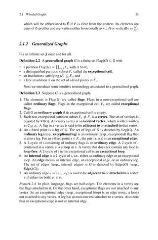 2.1 Wheeled Graphs 15
which will be abbreviated to S if C is clear from the context. Its elements are
pairs of C-profiles and are written either horizontally as .cI d/ or vertically as
d
c

.
2.1.2 Generalized Graphs
Fix an infinite set F once and for all.
Definition 2.2 A generalized graph G is a finite set Flag.G/  F with
• a partition Flag.G/ D
`
˛2A F˛ with A finite,
• a distinguished partition subset F called the exceptional cell,
• an involution satisfying F  F , and
• a free involution on the set of -fixed points in F .
Next we introduce some intuitive terminology associated to a generalized graph.
Definition 2.3 Suppose G is a generalized graph.
1. The elements in Flag.G/ are called flags. Flags in a non-exceptional cell are
called ordinary flags. Flags in the exceptional cell F are called exceptional
flags.
2. Call G an ordinary graph if its exceptional cell is empty.
3. Each non-exceptional partition subset F˛ 6D F is a vertex. The set of vertices is
denoted by Vt.G/. An empty vertex is an isolated vertex, which is often written
as C.¿I¿/. A flag in a vertex is said to be adjacent to or attached to that vertex.
4. An -fixed point is a leg of G. The set of legs of G is denoted by Leg.G/. An
ordinary leg (resp., exceptional leg) is an ordinary (resp., exceptional) flag that
is also a leg. For an -fixed point x 2 F , the pair fx; xg is an exceptional edge.
5. A 2-cycle of consisting of ordinary flags is an ordinary edge. A 2-cycle of
contained in a vertex v is a loop at v. A vertex that does not contain any loop is
loop-free. A 2-cycle of in the exceptional cell is an exceptional loop.
6. An internal edge is a 2-cycle of , i.e., either an ordinary edge or an exceptional
loop. An edge means an internal edge, an exceptional edge, or an ordinary leg.
The set of edges (resp., internal edges) in G is denoted by Edge.G/ (resp.,
Edgei.G/).
7. An ordinary edge e D fe1; e1g is said to be adjacent to or attached to a vertex
v if either (or both) ei 2 v.
Remark 2.4 In plain language, flags are half-edges. The elements in a vertex are
the flags attached to it. On the other hand, exceptional flags are not attached to any
vertex. So an exceptional edge (resp., exceptional loop) is an edge (resp., a loop)
not attached to any vertex. A leg has at most one end attached to a vertex. Also note
that an exceptional edge is not an internal edge.
 