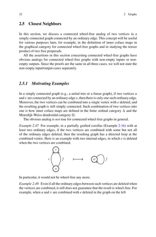 32 2 Graphs
2.5 Closest Neighbors
In this section, we discuss a connected wheel-free analog of two vertices in a
simply connected graph connected by an ordinary edge. This concept will be useful
for various purposes later, for example, in the definition of inner coface maps in
the graphical category for connected wheel-free graphs and in studying the tensor
product of two free properads.
All the assertions in this section concerning connected wheel-free graphs have
obvious analogs for connected wheel-free graphs with non-empty inputs or non-
empty outputs. Since the proofs are the same in all three cases, we will not state the
non-empty input/output cases separately.
2.5.1 Motivating Examples
In a simply connected graph (e.g., a unital tree or a linear graph), if two vertices u
and v are connected by an ordinary edge e, then there is only one such ordinary edge.
Moreover, the two vertices can be combined into a single vertex with e deleted, and
the resulting graph is still simply connected. Such combination of two vertices into
one is how inner coface maps are defined in the finite ordinal category  and the
Moerdijk-Weiss dendroidal category .
The obvious analog is not true for connected wheel-free graphs in general.
Example 2.47 For example, in a partially grafted corollas (Example 2.16) with at
least two ordinary edges, if the two vertices are combined with some but not all
of the ordinary edges deleted, then the resulting graph has a directed loop at the
combined vertex. Here is an example with two internal edges, in which e is deleted
when the two vertices are combined.
In particular, it would not be wheel-free any more.
Example 2.48 Even if all the ordinary edges between such vertices are deleted when
the vertices are combined, it still does not guarantee that the result is wheel-free. For
example, when u and v are combined with e deleted in the graph on the left
 