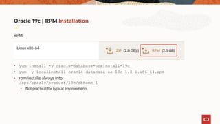 Oracle 19c | RPM Installation
RPM
• yum install -y oracle-database-preinstall-19c
• yum -y localinstall oracle-database-ee-19c-1.0-1.x86_64.rpm
• rpm installs always into:
/opt/oracle/product/19c/dbhome_1
• Not practical for typical environments
 