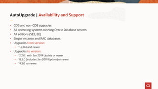 AutoUpgrade | Availability and Support
• CDB and non-CDB upgrades
• All operating systems running Oracle Database servers
• All editions (SE2, EE)
• Single instance and RAC databases
• Upgrades from version:
• 11.2.0.4 and newer
• Upgrades to version:
• 12.2.0.1 with Jan 2019 Update or newer
• 18.5.0 (includes Jan 2019 Update) or newer
• 19.3.0 or newer
 