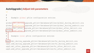 AutoUpgrade | Adjust init parameters
#
# Example global pfile configuration entries
#
global.del_during_upgrade_pfile=/database/pfiles/global_during_delinit.ora
global.add_during_upgrade_pfile=/database/pfiles/global_during_addinit.ora
global.del_after_upgrade_pfile=/database/pfiles/global_after_delinit.ora
global.add_after_upgrade_pfile=/database/pfiles/global_after_addinit.ora
#
# Example local pfile configuration entries
#
upg2.del_during_upgrade_pfile=/database/pfiles/hr_during_delinit.ora
upg2.add_during_upgrade_pfile=/database/pfiles/hr_during_addinit.ora
upg2.del_after_upgrade_pfile=/database/pfiles/hr_after_delinit.ora
upg2.add_after_upgrade_pfile=/database/pfiles/hr_after_addinit.ora
 