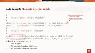 AutoUpgrade | Execute external scripts
#
# Example global script execution
#
global.before_action=/database/scripts/run_this_before.sh Y
global.after_action=/database/scripts/run_this_after.sh
#
# Example local script execution
#
upg2.before_action=/database/scripts/run_this_on_UPG2_before.sh
upg2.after_action=/database/scripts/run_this_on_UPG2_after.sh
• Permitted extension options:
• Unix shell (.sh)
• Microsoft Windows batch (.bat, .cmd)
• Microsoft Windows PowerShell (.ps1)
Pass return code
back to AutoUpgrade
 