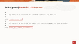AutoUpgrade | Protection - GRP options
#
# By default a GRP will be created. Default for EE: Yes
#
upg2.restoration=no
#
# By default a GRP will be kept. This option overwrites the default.
#
upg2.drop_grp_after_upgrade=yes
 