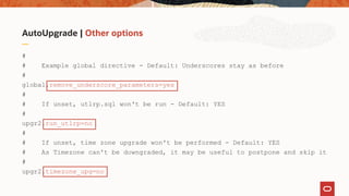 AutoUpgrade | Other options
#
# Example global directive - Default: Underscores stay as before
#
global.remove_underscore_parameters=yes
#
# If unset, utlrp.sql won't be run - Default: YES
#
upgr2.run_utlrp=no
#
# If unset, time zone upgrade won't be performed - Default: YES
# As Timezone can't be downgraded, it may be useful to postpone and skip it
#
upgr2.timezone_upg=no
 