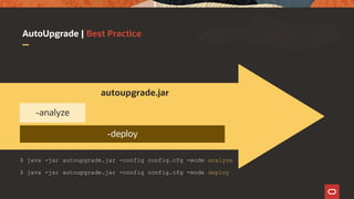 AutoUpgrade | Best Practice
$ java -jar autoupgrade.jar -config config.cfg -mode analyze
autoupgrade.jar
-deploy
-analyze
$ java -jar autoupgrade.jar -config config.cfg -mode deploy
 