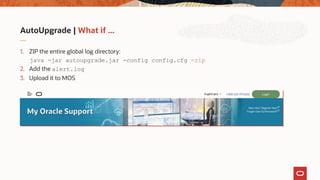 AutoUpgrade | What if ...
1. ZIP the entire global log directory:
java -jar autoupgrade.jar -config config.cfg -zip
2. Add the alert.log
3. Upload it to MOS
 