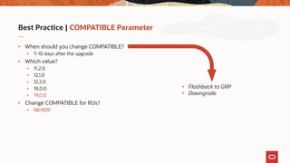 Best Practice | COMPATIBLE Parameter
• When should you change COMPATIBLE?
• 7-10 days after the upgrade
• Which value?
• 11.2.0
• 12.1.0
• 12.2.0
• 18.0.0
• 19.0.0
• Change COMPATIBLE for RUs?
• NEVER!
• Flashback to GRP
• Downgrade
 