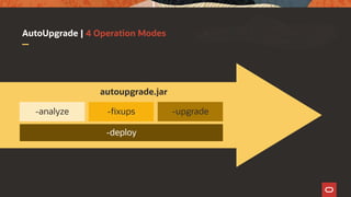 AutoUpgrade | 4 Operation Modes
autoupgrade.jar
-deploy
-analyze -fixups -upgrade
 