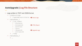 AutoUpgrade | Log File Structure
• Logs written in TEXT and JSON format
• /cfgtoollogs
• ./upgrade/auto/status
• /database...