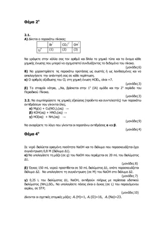 Θέμα 2ο
2.1.
Α) Δίνεται ο παρακάτω πίνακας:
Br
-
CO3
2-
OH
-
Li
+ (1) (2) (3)
Να γράψετε στην κόλλα σας τον αριθμό και δίπλα το χημικό τύπο και το όνομα κάθε
χημικής ένωσης που μπορεί να σχηματιστεί συνδυάζοντας τα δεδομένα του πίνακα.
(μονάδες 6)
Β) Να χαρακτηρίσετε τις παρακάτω προτάσεις ως σωστές ή ως λανθασμένες και να
αιτιολογήσετε την απάντησή σας σε κάθε περίπτωση.
α) Ο αριθμός οξείδωσης του Cl, στη χημική ένωση HClO4, είναι +7.
(μονάδες 3)
β) To στοιχείο νάτριο, 11Na, βρίσκεται στην 1η
(IA) ομάδα και την 2η
περίοδο του
Περιοδικού Πίνακα.
(μονάδες 3)
2.2. Να συμπληρώσετε τις χημικές εξισώσεις (προϊόντα και συντελεστές) των παρακάτω
αντιδράσεων που γίνονται όλες.
α) Mg(s) + Cu(NO3)2(aq) →
β) KOH(aq) + HNO3(aq) →
γ) HCl(aq) + NH3(aq) →
(μονάδες 9)
Να αναφέρετε το λόγο που γίνονται οι παραπάνω αντιδράσεις α και β.
(μονάδες 4)
Θέμα 4ο
Σε νερό διαλύεται ορισμένη ποσότητα NaOH και το διάλυμα που παρασκευάζεται έχει
συγκέντρωση 0,8 M (διάλυμα Δ1).
α) Να υπολογίσετε τη μάζα (σε g) του NaOH που περιέχεται σε 20 mL του διαλύματος
Δ1.
(μονάδες 8)
β) Όγκος 150 mL νερού προστίθεται σε 50 mL διαλύματος Δ1, οπότε παρασκευάζεται
διάλυμα Δ2. Να υπολογίσετε τη συγκέντρωση (σε M) του NaOH στο διάλυμα Δ2.
(μονάδες 7)
γ) 0,25 L του διαλύματος Δ1, ΝaΟΗ, αντιδρούν πλήρως με περίσσεια υδατικού
διαλύματος (ΝΗ4)2SO4. Να υπολογίσετε πόσος είναι ο όγκος (σε L) του παραγόμενου
αερίου, σε STP;
(μονάδες 10)
Δίνονται οι σχετικές ατομικές μάζες: Ar (Η)=1, Ar (Ο)=16, Ar (Νa)=23.
 