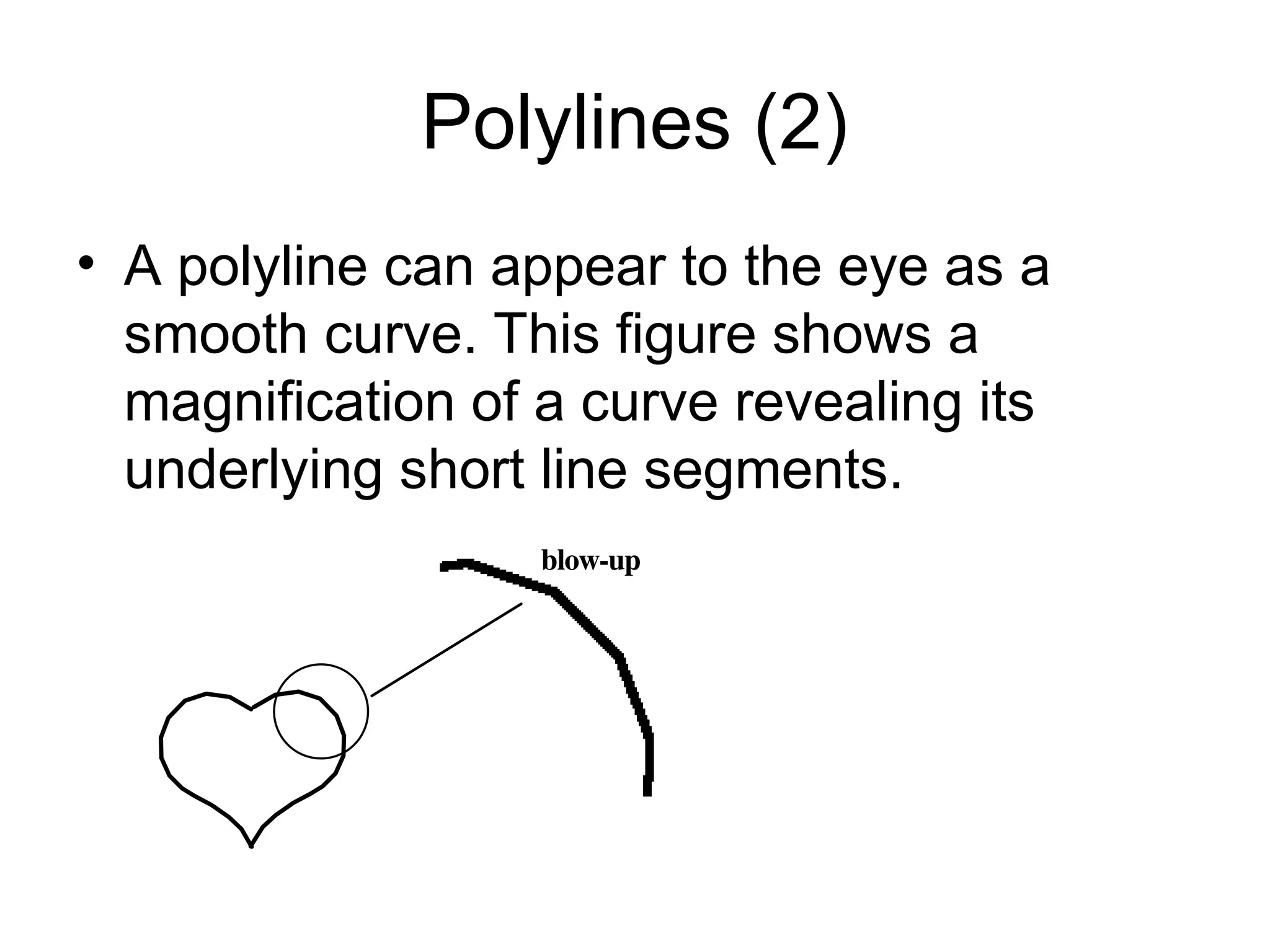 Polylines (2)
• A polyline can appear to the eye as a
smooth curve. This figure shows a
magnification of a curve revealing its
underlying short line segments.
blow-up
 