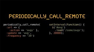 periodically_call_remote
periodically_call_remote(   setInterval(function() {
  :url => {                   $('#avg')
    :action => 'avgs' },        .load('/some/avgs');
  :update => 'avg',         }, 20000);
  :frequency => '20')
 