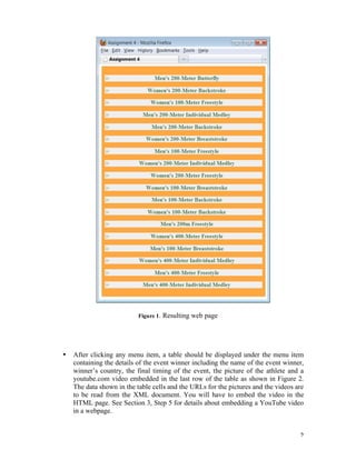 Figure 1.   Resulting web page




•   After clicking any menu item, a table should be displayed under the menu item
    containing the details of the event winner including the name of the event winner,
    winner’s country, the final timing of the event, the picture of the athlete and a
    youtube.com video embedded in the last row of the table as shown in Figure 2.
    The data shown in the table cells and the URLs for the pictures and the videos are
    to be read from the XML document. You will have to embed the video in the
    HTML page. See Section 3, Step 5 for details about embedding a YouTube video
    in a webpage.


                                                                                    2
 