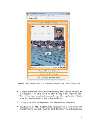 Figure 2. Table Containing Details of the Event After Clicking the Event Title in Accordion Menu




•     If another menu item is clicked, the table containing details of the event should be
      shown under it. This action should not affect the state of any other menu item.
      That is, if any other menu item is in expanded state (showing the table of details
      below it), it should maintain its state as shown in Figure 3.

•     Clicking on the menu item in expanded state should result in collapsing it.

•     You should use the XML DOM Parser that comes as a built-in component in both
      IE and Firefox to parse and validate the XML document. Your code can assume



                                                                                                       3
 