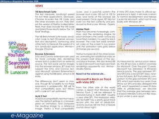 Page 9DMXzone e-Magazine December 2008 News
e-Magazine
NEWS
V8 Benchmark Suite
This test measures JavaScript speed
for rich Web applications. Obviously,
Chrome includes the V8 code and
the other browsers do not. They test-
ed the version of Firefox (called Mine-
field) that does include the V8 code
and listed those results below the "of-
ficial" findings.
The V8 Benchmark Suite loads JavaS-
cript code to test OS kernel, encryp-
tion and decryption, raytracing, and
other tests to measure the speed of a
rich JavaScript application. Winner—
Google Chrome.
Browser Extensions
SVG and Canvas extensions are used
for more complex XML renderings
where data is pulled from an external
source. The test loads vector images
into the browser window. IE7 does not
support the SVG and Canvas test,
and Microsoft advised ExtremeTech
against using the IE8 beta, which is still
early.
The differences don't seem so mas-
sive, though IE7's inability to run these
extensions is problematic. IE8 will fix
that compatibility issue, but Micro-
soft's code isn't yet optimized.
Acid 3 Test
Acid3 is a compatibility test that meas-
ures the default settings in a browser,
plays an animation, and compares
the resulting image to a reference
image. There's a final compatibility
score, and a pass/fail system—the
browser must score 100 out of 100 to
pass, and none of the browser we
used passed. Once again, IE7 did not
even run the test correctly and pro-
duced no final score. Winner - Opera.
Adobe Flash
Flash has become increasingly com-
mon, and the rendering engine for
each browser is the same—once you
have Flash installed, it is used for each
browser. The crab test adds animat-
ed crabs on the screen in succession
until the animation rate goes below
25 frames per second.
Firefox trumped all of the other brows-
ers, animating ten additional crabs on
the screen—well ahead of the sec-
ond place finishers. We also tested IE8
to see if Microsoft had improved Flash
rendering—apparently not. Winner -
Mozilla Firefox.
Read it at the external site...
Microsoft is Back on Track
with Vista SP2
From the other side of the world
comes a report that Windows Vista
Service Pack 2 will be released to
manufacturing in April 2009, roughly
a year after SP1. The Malaysian web-
site TechARP has a pretty good track
record with this sort of prediction,
and my sources tell me that schedule
sounds about right.
If Vista SP2 does make its official ap-
pearance in April, it will mark a return
to normal development and release
cycles for Microsoft, which lost its way
badly with Windows XP.
As measured by service pack releas-
es, the XP era was a distinct anomaly
for Microsoft. Over the past 12 years,
Microsoft has delivered 14 Windows
service packs. The gap between SP1
and SP2 was a record 697 days, near-
ly two full years. But that pales in com-
parison to the gap between SP2 and
SP3, which was nearly four years. If we
throw out SP3 and also disregard NT4
SP2, which appeared a mere 59 days
after its predecessor, we discover
that the average gap between serv-
ice-pack releases is around 300 days,
or just under a year apart.
 