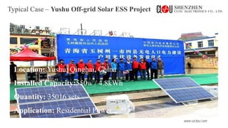 www.szclou.com
Typical Case – Yushu Off-grid Solar ESS Project
Location: Yushu, Qinghai, China
Installed Capacity:550w / 4.8kWh
Quantity: 35016 sets
Application: Residential Power
 
