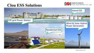 www.szclou.com
Clou ESS Solutions
Wind & Solar Hybrid
Power Generation
Island ESS
Residential ESS
Off-grid Power Station
 