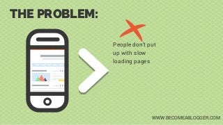 THE PROBLEM:
People don’t put
up with slow
loading pages
WWW.BECOMEABLOGGER.COM
 