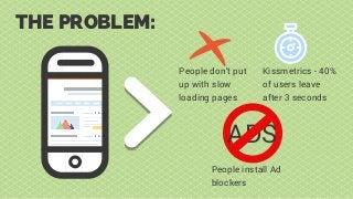 THE PROBLEM:
People don’t put
up with slow
loading pages
ADS
Kissmetrics - 40%
of users leave
after 3 seconds
People install Ad
blockers
 