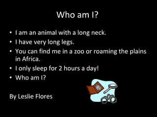 Who am I?  I am an animal with a long neck. I have very long legs. You can find me in a zoo or roaming the plains in Africa. I only sleep for 2 hours a day! Who am I? By Leslie Flores 