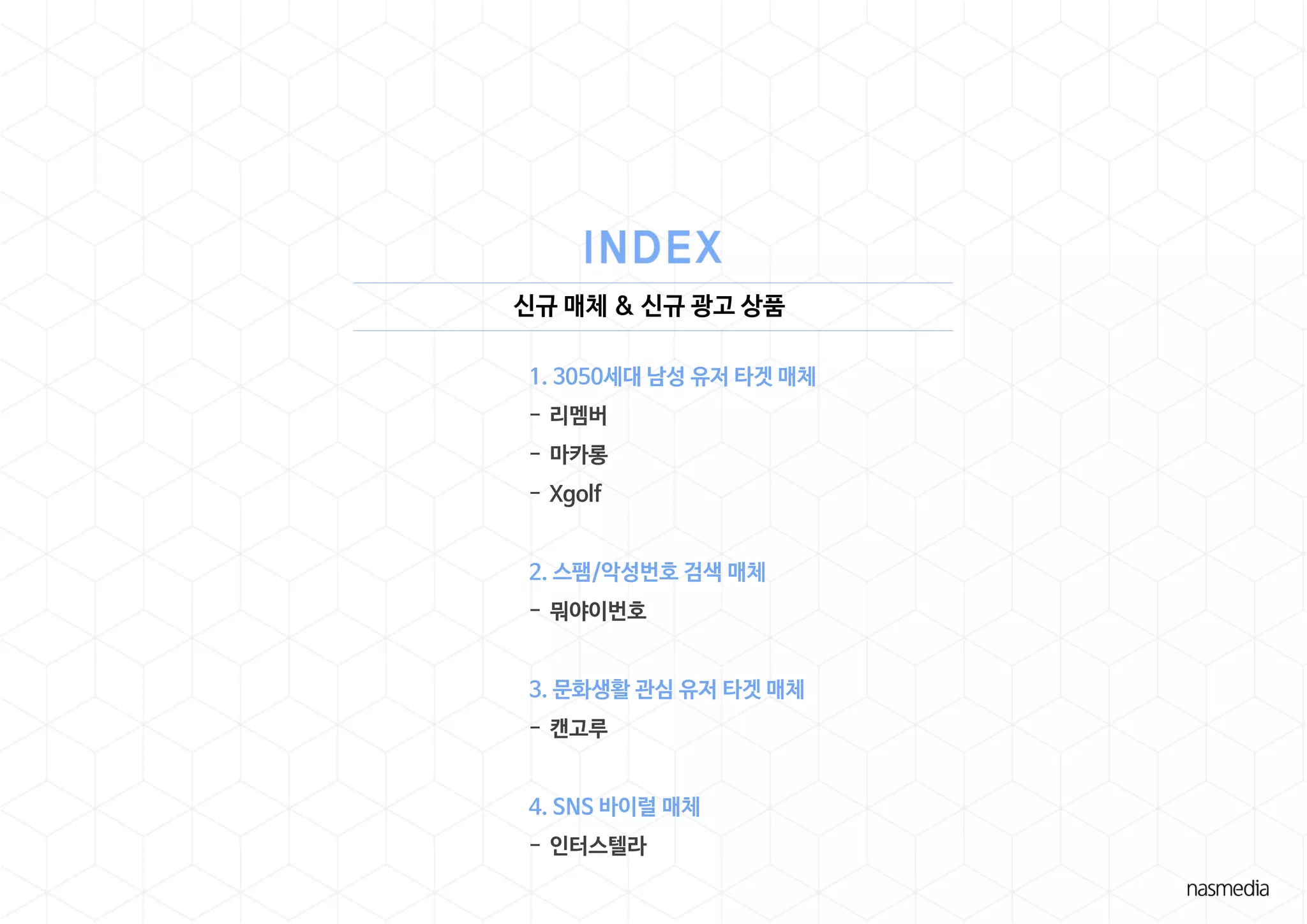 신규 매체 & 신규 광고 상품
1. 3050세대 남성 유저 타겟 매체
- 리멤버
- 마카롱
- Xgolf
2. 스팸/악성번호 검색 매체
- 뭐야이번호
3. 문화생활 관심 유저 타겟 매체
- 캔고루
4. SNS 바이럴 매체
- 인터스텔라
 