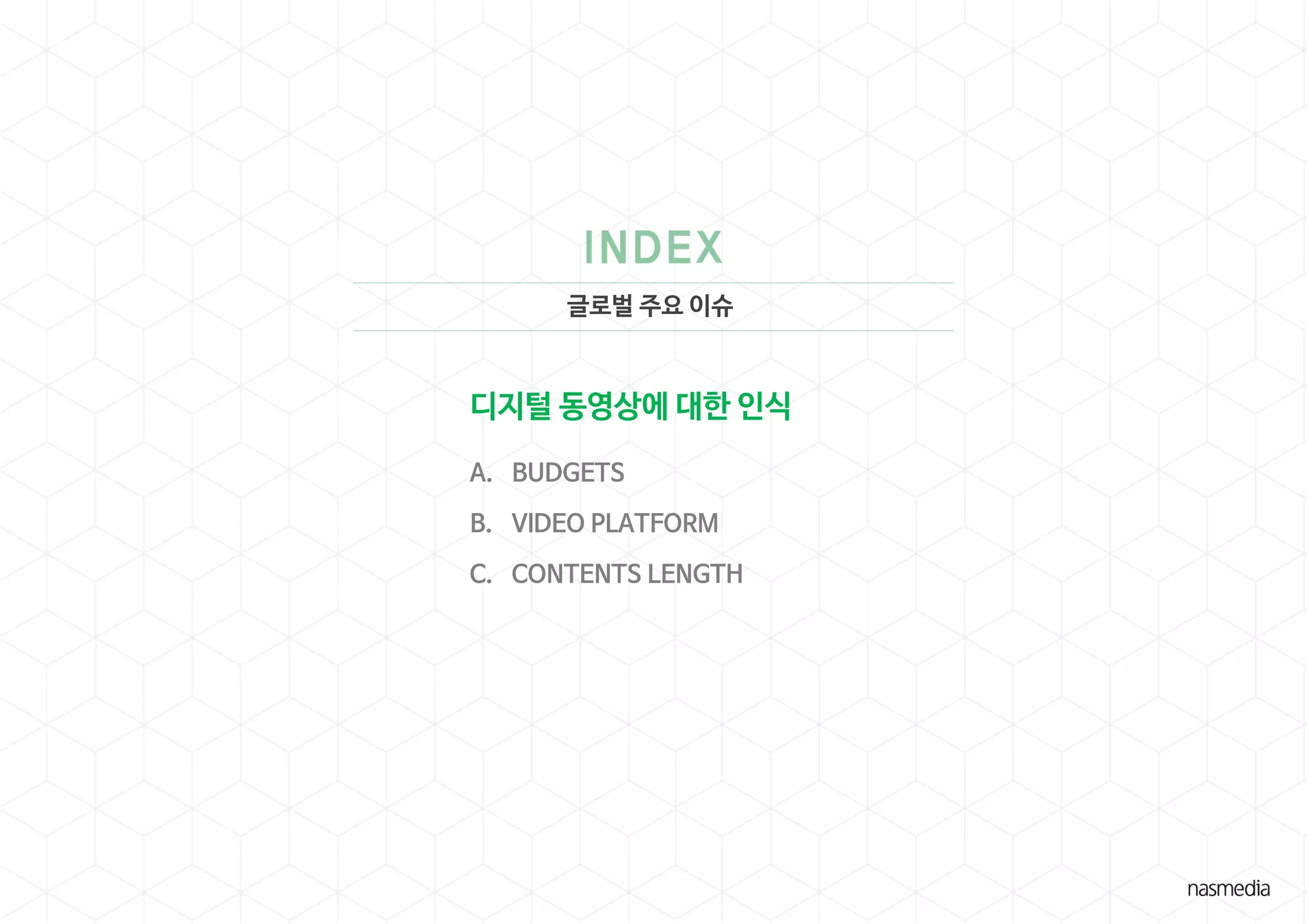 글로벌 주요 이슈
디지털 동영상에 대한 인식
A. BUDGETS
B. VIDEO PLATFORM
C. CONTENTS LENGTH
 