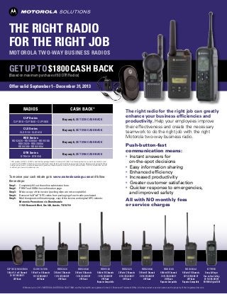 THE RIGHT RADIO
FOR THE RIGHT JOB

Motorola two-way business radios

GET UP TO $1800 CASH BACK
(Based on maximum purchase of 60 DTR Radios)

Offer valid September 1–December 31, 2013

RADIOS

CASH BACK*

CLP Series

Buy any 6, GET $120 CASH BACK

CLS Series

Buy any 6, GET $120 CASH BACK

CLP1010 • CLP1040 • CLP1060

CLS1110 • CLS1410

RDX Series

RDV2020 • RDV2080d • RDV5100
RDU2020 • RDU2080d
RDU4100 • RDU4160d

Buy any 6, GET $150 CASH BACK

DTR Series

Buy any 6, GET $180 CASH BACK

DTR410 • DTR550

*Offer excludes CLS1000, CLS1450C, and all bulk (non-packaged) models. A minimum of 6 radios, from the same product series, must be purchased in order
to qualify for CASH REBATE. Maximum of 10 total rebate submissions (60 radio units) are allowed per customer/company. Multiple invoices accepted. Mixing
between product series is not allowed. Redemption requests must be postmarked on or before 1/15/2014 and received by 1/31/2014. For additional terms &
conditions, go to www.motorolasavings.com.

To receive your cash rebate go to www.motorolasavings.com and follow
these steps:
Step 1:	
Step 2:	
Step 3:	
Step 4:	
Step 5:	
	
	

Completely fill out the online submission form.
PRINT and SIGN the confirmation page.
Make a copy of the invoice (packing slips are not acceptable).
Remove the 3”x 1” UPC codes from packaging of each radio purchased.
Mail the signed confirmation page, copy of the invoice and original UPC codes to:
Motorola Promotions: c/o Brandmuscle
11149 Research Blvd, Ste 400, Austin, TX 78759

CLP1010/1040/1060
1 Watt/1, 4 or 6 Channels
10 FL/100,000 SF
UHF Band

CLS1110/1410
1 Watt/1 or 4 Channels
15 FL/200,000 SF
UHF Band

RDV2020
2 Watts/2 Channels
10 FL/220,000 SF
VHF Band

RDV2080d
2 Watts/8 Channels
10 FL/220,000 SF
VHF Band

RDV5100
5 Watts/10 Channels
18 FL/300,000 SF
VHF Band
Repeater Compatible

The right radio for the right job can greatly
enhance your business efficiencies and
productivity. Help your employees improve
their effectiveness and create the necessary
teamwork to do the right job with the right
Motorola two-way business radio.
Push-button-fast
communication means:
•  Instant answers for
  on-the-spot decisions
•  Easy information sharing
•  Enhanced efficiency
•  Increased productivity
•  Greater customer satisfaction
•  Quicker response to emergencies,
  and improved safety
All with NO monthly fees
or service charges

RDU2020
2 Watts/2 Channels
20 FL/250,000 SF
UHF Band

RDU2080d
2 Watts/8 Channels
20 FL/250,000 SF
UHF Band

RDU4100
4 Watts/10 Channels
30 FL/350,000 SF
UHF Band
Repeater Compatible

RDU4160d
4 Watts/16 Channels
30 FL/350,000 SF
UHF Band
Repeater Compatible

DTR550
Group Calling or
One-to-One Calling
28 FL/350,000 SF
900 MHz Digital ISM

©Motorola, Inc. 2013. MOTOROLA, MOTOROLA SOLUTIONS and the Stylized M are registered in the U.S. Patent and Trademark Office. All other product or service names are the property of their registered owners.

 
