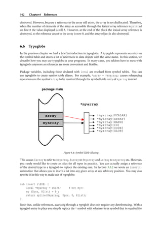 102    Chapter 6 References

destroyed. However, because a reference to the array still exists, the array is not deallocated. Therefore,
when the number of elements of the array as accessible through the lexical array reference is printed
on line 8 the value displayed is still 3. However, at the end of the block the lexical array reference is
destroyed, so the reference count to the array is now 0, and the array object is also destroyed.



6.6 Typeglobs
In the previous chapter we had a brief introduction to typeglobs. A typeglob represents an entry on
the symbol table and stores a list of references to data objects with the same name. In this section, we
describe how you may use typeglobs in your programs. In many cases, you seldom have to mess with
typeglobs anymore as references are more convenient and ﬂexible.

Package variables, including those declared with local are resolved from symbol tables. You can
use typeglobs to create symbol table aliases. For example, *array = *myarray; causes referencing
operations on the symbol array to be resolved through the symbol table entry of myarray instead.




                                      Figure 6.4: Symbol Table Aliasing

This causes $array to refer to $myarray, @array to @myarray and &array to &myarray etc. However,
you rarely would like to create an alias for all types in practice. You can actually assign a reference
of the desired type to a typeglob to replace the existing one. In Section 5.3.2 we wrote an insert()
subroutine that allows you to insert a list into any given array at any arbitrary position. You may also
rewrite it in this way to make use of typeglobs:


sub insert (@$@) {
    local *myarray = shift;     # not my!!
    my ($pos, @list) = @_;
    return splice(@myarray, $pos, 0, @list);
}
Note that, unlike references, accessing through a typeglob does not require any dereferencing. With a
typeglob entry in place you simply replace the * symbol with whatever type symbol that is required for
 