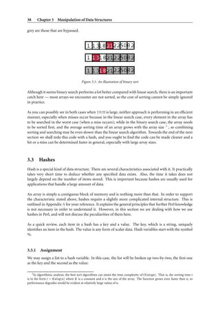 38      Chapter 3 Manipulation of Data Structures

grey are those that are bypassed.




                                         Figure 3.1: An illustration of binary sort

Although it seems binary search performs a lot better compared with linear search, there is an important
catch here — most arrays we encounter are not sorted, so the cost of sorting cannot be simply ignored
in practice.

As you can possibly see in both cases when $NUM is large, neither approach is performing in an efﬁcient
manner, especially when misses occur because in the linear search case, every element in the array has
to be searched in the worst case (when a miss occurs); while in the binary search case, the array needs
to be sorted ﬁrst, and the average sorting time of an array grows with the array size 2 , so combining
sorting and searching may be even slower than the linear search algorithm. Towards the end of the next
section we shall redo this code with a hash, and you ought to ﬁnd the code can be made cleaner and a
hit or a miss can be determined faster in general, especially with large array sizes.



3.3 Hashes
Hash is a special kind of data structure. There are several characteristics associated with it. It practically
takes very short time to deduce whether any speciﬁed data exists. Also, the time it takes does not
largely depend on the number of items stored. This is important because hashes are usually used for
applications that handle a large amount of data.

An array is simply a contiguous block of memory and is nothing more than that. In order to support
the characteristic stated above, hashes require a slightly more complicated internal structure. This is
outlined in Appendix A for your reference. It explains the general principles that further Perl knowledge
is not necessary in order to understand it. However, in this section we are dealing with how we use
hashes in Perl, and will not discuss the peculiarities of them here.

As a quick review, each item in a hash has a key and a value. The key, which is a string, uniquely
identiﬁes an item in the hash. The value is any form of scalar data. Hash variables start with the symbol
%.


3.3.1     Assignment
We may assign a list to a hash variable. In this case, the list will be broken up two-by-two, the ﬁrst one
as the key and the second as the value:

    2 In algorithmic analysis, the best sort algorithms can attain the time complexity of O(nlogn). That is, the sorting time t

is in the form t = Knlog(n) where K is a constant and n is the size of the array. The function grows even faster than n, so
performance degrades would be evident at relatively large values of n.
 