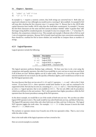54      Chapter 4 Operators

C.      ’adder’ gt ’add’ # true
D.      ’10’ lt ’9’ # true

In example A, == requires a numeric context, thus both strings are converted into 0. Both sides are
equal and evaluates to true (although you would receive a warning if -w is enabled). In example B, Perl
will stop after checking the ﬁrst character since ‘a’ is greater than ‘A’. Beware that in the ASCII table
capital characters have smaller ASCII codes than the small letter counterparts! In example C, because
the ﬁrst three characters are the same and Perl cannot yet deduce whether ‘adder’ is greater than ‘add’
the longer string shall be considered greater. In example D, since we compare with lt, ‘1’ is less than ‘9’,
therefore, the comparison evaluates to true. This example and example A illustrate why in Perl we need
2 sets of comparison operators. Because Perl is loosely typed and does type conversions automatically,
there should be a method for Perl to know whether you would like to compare them as numbers or
strings.


4.2.5    Logical Operators
Logical operators include the following:


                                Operator     Description
                                  || or      Logical OR
                                 && and      Logical AND
                                 ! not       Logical NOT, i.e. negation
                                   xor       Logical XOR — Exclusive OR

The logical operators performs Boolean logic arithmetic. We have seen how to do a test using the
comparison and equality operators. But what if you would like to carry out two or more tests and check
if all of them are true? Boolean algebra can do it rather easily. However, it is out of the scope of this
tutorial somehow for me to teach you the speciﬁcs of Boolean algebra, and I would focus on how to use
the Perl logical operators only.

You may discover that there are two sets of OR, AND and NOT operators. ||, && and ! refer to the C-Style
version. If you know C/C++, these operators would look familiar to you, and are continued to be
supported in Perl. Perl also has its own set, consisting of or, and, not and xor. Note that Perl gives you
an extra xor logical operator, that is not available in C/C++. The two sets differ only by precedence
(which you will learn in the next section). The C-style operators have higher precedence, while the Perl
operators have the lowest precedence among all the Perl operators.

In the above example, we would like to see if the results of both tests are true. We can then use either
logical AND operator to do it. The result would be true only if both tests are true, and false if otherwise.
The logical OR operators return false only when both tests are false, and true if otherwise. The logical
NOT operator toggles the truth value. For example, !(13 < 25) is false, because it inverts the truth
value of 13 < 25, which is true.

The exclusive or operator returns true if exactly one of the two operands is false. That is, one is true
while the other is false.

Here is the truth table of the logical operators we have covered so far:

Here are several examples to conclude:
 