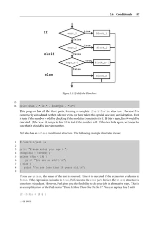 5.6 Conditionals        87




                                           Figure 5.1: If-elsif-else Flowchart


15
16   print $num . " is " . $numtype . "n";
     This program has all the three parts, forming a complete if-elsif-else structure. Because 0 is
     customarily considered neither odd nor even, we have taken this special case into consideration. First
     it tests if the number is odd by checking if the modulus (remainder) is 1. If this is true, line 9 would be
     executed. Otherwise, it jumps to line 10 to test if the number is 0. If this test fails again, we know for
     sure that it should be an even number.

     Perl also has an unless conditional structure. The following example illustrates its use:


1    #!/usr/bin/perl -w
2
3    print "Please enter your age > ";
4    chomp($in = <STDIN>);
5    unless ($in < 18) {
6        print "You are an adult.n";
7    } else {
8       print "You are less than 18 years old.n";
9    }
     If you use unless, the sense of the test is reversed. Line 6 is executed if the expression evaluates to
     false. If the expression evaluates to true, Perl executes the else part. In fact, the unless structure is
     somehow redundant. However, Perl gives you the ﬂexibility to do your job in alternative ways. That is
     an exempliﬁcation of the Perl motto “There Is More Than One To Do It”. You can replace line 5 with

     if (!($in < 18)) {

     ... or even
 