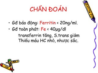 CH N ĐOÁNẨ
• Gđ báo đ ng:ộ Ferritin < 20ng/ml.
• Gđ toàn phát: Fe < 40μg/dl
transferrin tăng, S.trans gi mả
Thi u máu HC nh , nh c s c.ế ỏ ượ ắ
 