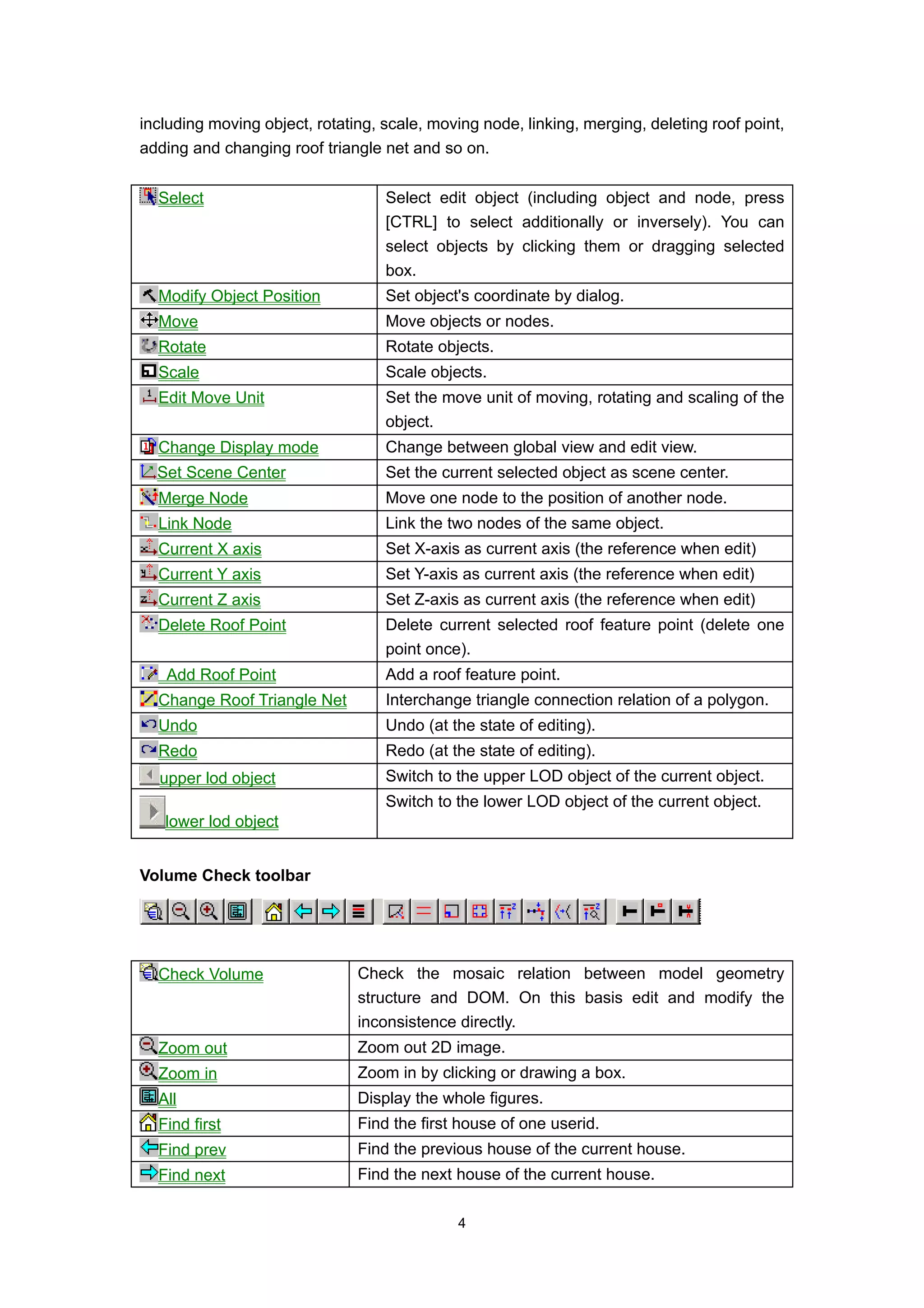 including moving object, rotating, scale, moving node, linking, merging, deleting roof point,
adding and changing roof triangle net and so on.


  Select                           Select edit object (including object and node, press
                                   [CTRL] to select additionally or inversely). You can
                                   select objects by clicking them or dragging selected
                                   box.
  Modify Object Position           Set object's coordinate by dialog.
  Move                             Move objects or nodes.
  Rotate                           Rotate objects.
  Scale                            Scale objects.
  Edit Move Unit                   Set the move unit of moving, rotating and scaling of the
                                   object.
  Change Display mode              Change between global view and edit view.
  Set Scene Center                 Set the current selected object as scene center.
  Merge Node                       Move one node to the position of another node.
  Link Node                        Link the two nodes of the same object.
  Current X axis                   Set X-axis as current axis (the reference when edit)
  Current Y axis                   Set Y-axis as current axis (the reference when edit)
  Current Z axis                   Set Z-axis as current axis (the reference when edit)
  Delete Roof Point                Delete current selected roof feature point (delete one
                                   point once).
   Add Roof Point                  Add a roof feature point.
  Change Roof Triangle Net         Interchange triangle connection relation of a polygon.
  Undo                             Undo (at the state of editing).
  Redo                             Redo (at the state of editing).
  upper lod object                 Switch to the upper LOD object of the current object.
                                   Switch to the lower LOD object of the current object.
   lower lod object


Volume Check toolbar




  Check Volume                 Check the mosaic relation between model geometry
                               structure and DOM. On this basis edit and modify the
                               inconsistence directly.
  Zoom out                     Zoom out 2D image.
  Zoom in                      Zoom in by clicking or drawing a box.
  All                          Display the whole figures.
  Find first                   Find the first house of one userid.
  Find prev                    Find the previous house of the current house.
  Find next                    Find the next house of the current house.

                                             4
 