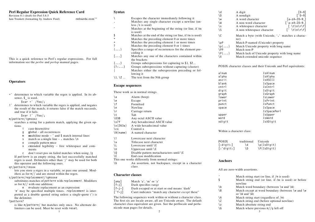 Perl regexp refcard a4