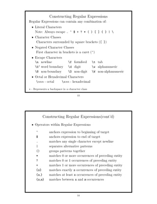 Constructing Regular Expressions
Regular Expressions can contain any combination of:
   Literal Characters
   Note: Always escape . ^ $ + ? *                  |
   Character Classes
    Characters surrounded by square brackets  
   Negated Character Classes
    First character in brackets is a caret ^
   Escape Characters
    n newline               f formfeed       t tab
    b  word boundary       d digit          w alphanumeric
    B non-boundary          D non-digit      W non-alphanumeric
   Octal or Hexadecimal Characters
     nnn - octal       xnn - hexadecimal
   - Represents a backspace in a character class
                                         33




               Constructing Regular Expressionscont'd
      Operators within Regular Expressions
       ^          anchors expression to beginning of target
       $          anchors expression to end of target
       .          matches any single character except newline
       |          separates alternative patterns
                groups patterns together
       *          matches 0 or more occurrences of preceding entity
       ?          matches 0 or 1 occurrences of preceding entity
       +          matches 1 or more occurrences of preceding entity
         n        matches exactly n occurrences of preceding entity
         n,       matches at least n occurrences of preceding entity
         n,m      matches between n and m occurrences


                                         34
 