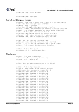 Perl version 5.10.1 documentation - perl
               perlfilter    Perl source filters

               perlglossary Perl Glossary

Internals and C Language Interface
               perlembed Perl ways to embed perl in your C or C++ application
               perldebguts Perl debugging guts and tips
               perlxstut Perl XS tutorial
               perlxs Perl XS application programming interface
               perlclib Internal replacements for standard C library functions
               perlguts Perl internal functions for those doing extensions
               perlcall Perl calling conventions from C
               perlmroapi Perl method resolution plugin interface
               perlreapi Perl regular expression plugin interface
               perlreguts Perl regular expression engine internals

               perlapi Perl API listing (autogenerated)
               perlintern Perl internal functions (autogenerated)
               perliol C API for Perl's implementation of IO in Layers
               perlapio Perl internal IO abstraction interface

               perlhack Perl hackers guide
               perlrepository Perl source repository

Miscellaneous
               perlbook Perl book information
               perlcommunity Perl community information
               perltodo Perl things to do

               perldoc    Look up Perl documentation in Pod format

               perlhist Perl history records
               perldelta Perl changes since previous version
               perl5100delta Perl changes in version 5.10.0
               perl595delta Perl changes in version 5.9.5
               perl594delta Perl changes in version 5.9.4
               perl593delta Perl changes in version 5.9.3
               perl592delta Perl changes in version 5.9.2
               perl591delta Perl changes in version 5.9.1
               perl590delta Perl changes in version 5.9.0
               perl588delta Perl changes in version 5.8.8
               perl589delta Perl changes in version 5.8.9
               perl587delta Perl changes in version 5.8.7
               perl586delta Perl changes in version 5.8.6
               perl585delta Perl changes in version 5.8.5
               perl584delta Perl changes in version 5.8.4
               perl583delta Perl changes in version 5.8.3
               perl582delta Perl changes in version 5.8.2
               perl581delta Perl changes in version 5.8.1
               perl58delta Perl changes in version 5.8.0
               perl573delta Perl changes in version 5.7.3
               perl572delta Perl changes in version 5.7.2
               perl571delta Perl changes in version 5.7.1

http://perldoc.perl.org                                                                  Page 3
 