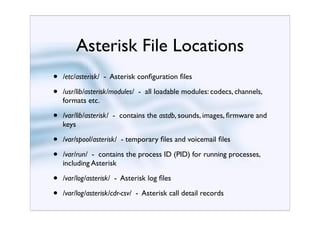 Asterisk File Locations
•   /etc/asterisk/ - Asterisk conﬁguration ﬁles

•   /usr/lib/asterisk/modules/ - all loadable modules: codecs, channels,
    formats etc.

•   /var/lib/asterisk/ - contains the astdb, sounds, images, ﬁrmware and
    keys

•   /var/spool/asterisk/ - temporary ﬁles and voicemail ﬁles

•   /var/run/ - contains the process ID (PID) for running processes,
    including Asterisk

•   /var/log/asterisk/ - Asterisk log ﬁles

•   /var/log/asterisk/cdr-csv/ - Asterisk call detail records
 