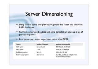 ,ch02.20169 Page 10 Wednesday, August 31, 2005 4:54 PM




                                    Server Dimensioning
              and the like. The symptoms will resemble those experienced on a cell phone when
              going out of range, although the underlying causes will be different. As loads

                  •
              increase, thefactors come into play, but in general the faster and the more
                   Many system will have increasing difficulty maintaining connections. For a
              PBX, such a situation is nothing short of disastrous, so careful attention to perfor-
                   RAM the better
              mance requirements is a critical consideration during the platform selection process.

                  •
              TableRunning some very basic guidelines that you’ll want to keep in up a lot of
                    2-1 lists compressed codecs and echo cancellation takes mind when
              planning your system. The next section takes a close look at the various design and
                   processor power
              implementation issues that will affect its performance.
                  •     Intel processors seem to perform better than AMD
              Table 2-1. System requirement guidelines

                  Purpose                                  Number of channels     Minimum recommended
                  Hobby system                             No more than 5         400-MHz x86, 256 MB RAM
                  SOHOa system                             5 to 10                1-GHz x86, 512 MB RAM
                  Small business system                    Up to 15               3-GHz x86, 1 GB RAM
                  Medium to large system                   More than 15           Dual CPUs, possibly also multiple servers
                                                                                  in a distributed architecture
              a   Small Office/home Office—less than three lines and five sets.

              With large Asterisk installations, it is common to deploy functionality across several
              servers. One or more central units will be dedicated to call processing; these will be
 