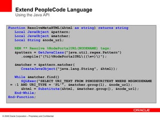 Extend PeopleCode Language
              Using the Java API


      Function             ResolveMetaHTML(&html as string) returns string
         Local             JavaObject &pattern;
         Local             JavaObject &matcher;
         Local             String &node_url;

             REM ** Resolve %NodePortalURL(NODENAME) tags;
             &pattern = GetJavaClass("java.util.regex.Pattern")
                .compile("(?i)%NodePortalURL((w+))");

             &matcher = &pattern.matcher(
                CreateJavaObject("java.lang.String", &html));

         While &matcher.find()
            SQLExec("SELECT URI_TEXT FROM PSNODEURITEXT WHERE MSGNODENAME
       = :1 AND URI_TYPE = 'PL'", &matcher.group(1), &node_url);
            &html = Substitute(&html, &matcher.group(), &node_url);
         End-While;
      End-Function;




© 2008 Oracle Corporation – Proprietary and Confidential
 