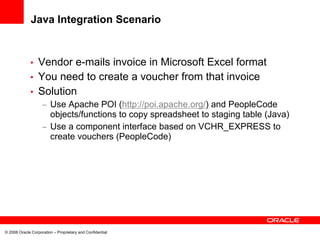 Java Integration Scenario


             • Vendor e-mails invoice in Microsoft Excel format
             • You need to create a voucher from that invoice
             • Solution
                    – Use Apache POI (http://poi.apache.org/) and PeopleCode
                      objects/functions to copy spreadsheet to staging table (Java)
                    – Use a component interface based on VCHR_EXPRESS to
                      create vouchers (PeopleCode)




© 2008 Oracle Corporation – Proprietary and Confidential
 