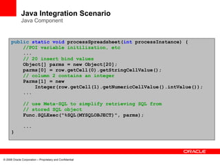 Java Integration Scenario
              Java Component


      public static void processSpreadsheet(int processInstance) {
          //POI variable initilization, etc
          ...
          // 20 insert bind values
          Object[] parms = new Object[20];
          parms[0] = row.getCell(0).getStringCellValue();
          // column 2 contains an integer
          Parms[1] = new
              Integer(row.getCell(1).getNumericCellValue().intValue());
          ...

               // use Meta-SQL to simplify retrieving SQL from
               // stored SQL object
               Func.SQLExec("%SQL(MYSQLOBJECT)", parms);

               ...
      }




© 2008 Oracle Corporation – Proprietary and Confidential
 