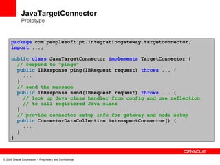 JavaTargetConnector
              Prototype


      package com.peoplesoft.pt.integrationgateway.targetconnector;
      import ...;

      public class JavaTargetConnector implements TargetConnector {
        // respond to "pings"
        public IBResponse ping(IBRequest request) throws ... {
          ...
        }
        // send the message
        public IBResponse send(IBRequest request) throws ... {
          // look up Java class handler from config and use reflection
          // to call registered Java class
        }
        // provide connector setup info for gateway and node setup
        public ConnectorDataCollection introspectConnector() {
          ...
        }
      }



© 2008 Oracle Corporation – Proprietary and Confidential
 