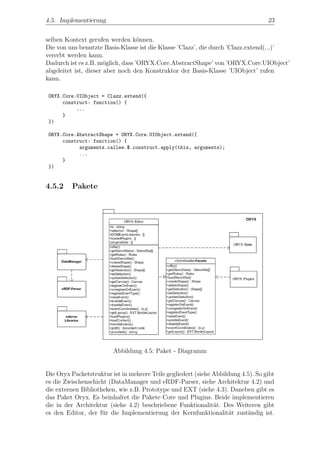 4.5. Implementierung                                                               23


selben Kontext gerufen werden k¨nnen.
                                   o
Die von uns benutzte Basis-Klasse ist die Klasse ’Clazz’, die durch ’Clazz.extend(...)’
vererbt werden kann.
Dadurch ist es z.B. m¨glich, dass ’ORYX.Core.AbstractShape’ von ’ORYX.Core.UIObject’
                       o
abgeleitet ist, dieser aber noch den Konstruktor der Basis-Klasse ’UIObject’ rufen
kann.

 ORYX.Core.UIObject = Clazz.extend({
      construct: function() {
           ...
      }
 })

 ORYX.Core.AbstractShape = ORYX.Core.UIObject.extend({
      construct: function() {
            arguments.callee.$.construct.apply(this, arguments);
            ...
      }
 })


4.5.2    Pakete




                         Abbildung 4.5: Paket - Diagramm


Die Oryx Packetstruktur ist in mehrere Teile gegliedert (siehe Abbildung 4.5). So gibt
es die Zwischenschicht (DataManager und eRDF-Parser, siehe Architektur 4.2) und
die externen Bibliotheken, wie z.B. Prototype und EXT (siehe 4.3). Daneben gibt es
das Paket Oryx. Es beinhaltet die Pakete Core und Plugins. Beide implementieren
die in der Architektur (siehe 4.2) beschriebene Funktionalit¨t. Des Weiteren gibt
                                                               a
es den Editor, der f¨r die Implementierung der Kernfunktionalit¨t zust¨ndig ist.
                     u                                              a      a
 