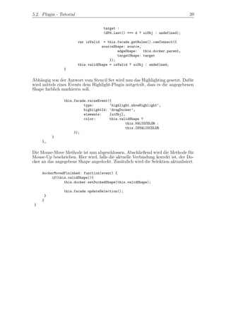 5.2. Plugin - Tutorial                                                           39


                                       target :
                                       (dPd.last() === d ? uiObj : undefined);

                         var isValid  = this.facade.getRules().canConnect({
                                     sourceShape: source,
                                             edgeShape:   this.docker.parent,
                                             targetShape: target
                                         });
                         this.validShape = isValid ? uiObj : undefined;
                }

Abh¨ngig von der Antwort vom Stencil Set wird nun das Highlighting gesetzt. Daf¨r
    a                                                                           u
wird mittels eines Events dem Highlight-Plugin mitgeteilt, dass es die angegebenen
Shape farblich markieren soll.

                this.facade.raiseEvent({
                          type:        ’highlight.showHighlight’,
                          highlightId: ’dragDocker’,
                          elements:    [uiObj],
                          color:       this.validShape ?
                                               this.VALIDCOLOR :
                                               this.INVALIDCOLOR
                     });
          }
     },

Die Mouse-Move Methode ist nun abgeschlossen. Abschließend wird die Methode f¨r  u
Mouse-Up beschrieben. Hier wird, falls die aktuelle Verbindung korrekt ist, der Do-
cker an das angegebene Shape angedockt. Zus¨tzlich wird die Selektion aktualisiert.
                                             a

     dockerMovedFinished: function(event) {
          if(this.validShape)){
                this.docker.setDockedShape(this.validShape);

                this.facade.updateSelection();
      }
     }
 }
 