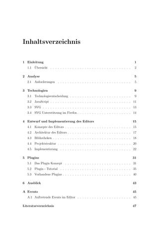 Inhaltsverzeichnis

1 Einleitung                                                                           1
  1.1   ¨
        Ubersicht . . . . . . . . . . . . . . . . . . . . . . . . . . . . . . . . .    2

2 Analyse                                                                             5
  2.1   Anforderungen . . . . . . . . . . . . . . . . . . . . . . . . . . . . . .      5

3 Technologien                                                                        9
  3.1   Technologieentscheidung . . . . . . . . . . . . . . . . . . . . . . . . .      9
  3.2   JavaScript . . . . . . . . . . . . . . . . . . . . . . . . . . . . . . . . . 11
  3.3   SVG . . . . . . . . . . . . . . . . . . . . . . . . . . . . . . . . . . . . 13
  3.4   SVG Unterst¨tzung im Firefox . . . . . . . . . . . . . . . . . . . . . . 14
                   u

4 Entwurf und Implementierung des Editors                                             15
  4.1   Konzepte des Editors . . . . . . . . . . . . . . . . . . . . . . . . . . . 15
  4.2   Architektur des Editors . . . . . . . . . . . . . . . . . . . . . . . . . . 17
  4.3   Bibliotheken . . . . . . . . . . . . . . . . . . . . . . . . . . . . . . . . 18
  4.4   Projektstruktur . . . . . . . . . . . . . . . . . . . . . . . . . . . . . . 20
  4.5   Implementierung . . . . . . . . . . . . . . . . . . . . . . . . . . . . . 22

5 Plugins                                                                             31
  5.1   Das Plugin Konzept . . . . . . . . . . . . . . . . . . . . . . . . . . . 31
  5.2   Plugin - Tutorial . . . . . . . . . . . . . . . . . . . . . . . . . . . . . 35
  5.3   Vorhandene Plugins . . . . . . . . . . . . . . . . . . . . . . . . . . . . 40

6 Ausblick                                                                            43

A Events                                                                              45
  A.1 Auftretende Events im Editor . . . . . . . . . . . . . . . . . . . . . . 45

Literaturverzeichnis                                                                  47
 