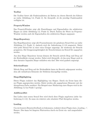 42                                                                       5. Plugins


Toolbar
Die Toolbar bietet alle Funktionalit¨ten als Button im oberen Bereich des Editors
                                    a
an (siehe Abbildung 5.2, Punkt 2). Sie uberpr¨ft, ob die jeweilige Funktionalit¨t
                                         ¨     u                               a
verf¨gbar ist.
    u

PropertyWindow
Das PropertyWindow zeigt alle Einstellungen und Eigenschaften des selektierten
                                                 ¨
Shapes an (siehe Abbildung 5.2, Punkt 3). Durch Andern der Werte im Property-
Window werden auch die Eigenschaften des selektierten Shapes angepasst.

ShapeRepository
Das ShapeRepository zeigt alle Prozesselemente der geladenen Stencil Sets an (siehe
Abbildung 5.2, Punkt 1), dadurch wird die Anforderung 2.1.10 umgesetzt. Dabei
wird jedes Stencil Set in einer extra Gruppe angezeigt, die wiederum die Stencils
gruppieren. Die Gruppenzugeh¨rigkeit der Stencils k¨nnen im Stencil Set angegeben
                               o                   o
werden.
Aus dem Shape Repository heraus k¨nnen die Stencils mittels Drag und Drop auf
                                   o
der Zeichenﬂ¨che erzeugt werden. Dabei wird uberpr¨ft, ob das neue Shape auch in
            a                               ¨      u
dem darunter liegenden Shape enthalten sein darf. Dies wird graﬁsch angezeigt.

SelectionFrame
Mittels Drag und Drop auf der Zeichenﬂ¨che kann ein Bereich aufgespannt werden,
                                       a
dem alle enthaltenen Elemente der Selektion hinzugef¨gt werden.
                                                    u

ShapeHighlighting
Dieses Plugin realisiert das Highlighting von Shapes. Durch ein Event kann die-
ses Plugin angesprochen werden. Dabei werden alle angegebenen Elemente mit der
ubergebenen Farbe markiert. Ein Beispiel einer Markierung eines Shapes wird in der
¨
Abbildung 5.2 im Punkt 5 gezeigt.

AddStencilSet
Das Laden eines neuen Stencil Sets wird durch diese Plugin angeboten (siehe An-
forderung 2.1.12). Es muss ein relativer oder absoluter Pfad ubergeben werden.
                                                             ¨

Loading
Um ein besseres Benutzerfeedback zu bekommen, realisiert dieses Plugin einen Loading...“-
                                                                            ”
Banner. Dies kann bei l¨ngeren Wartezeiten durch ein Event ein- und ausgeschaltet
                       a
werden.
 