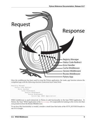 Pylons Reference Documentation, Release 0.9.7




Once the middleware has been used to wrap the Pylons application, the make_app function returns the
completed app with the following structure (outermost layer listed ﬁrst):

Registry Manager
    Status Code Redirect
        Error Handler
            Cache Middleware
                Session Middleware
                    Routes Middleware
                         Pylons App (WSGI Application)

WSGI middleware is used extensively in Pylons to add functionality to the base WSGI application. In
Pylons, the ‘base’ WSGI Application is the PylonsApp. It’s responsible for looking in the environ dict that
was passed in (from the Routes Middleware).
To see how this functionality is created, consider a small class that looks at the HTTP_REFERER header to
see if it’s Google:




2.3. WSGI Middleware                                                                                     9
 