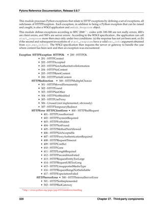 Pylons Reference Documentation, Release 0.9.7


This module processes Python exceptions that relate to HTTP exceptions by deﬁning a set of exceptions, all
subclasses of HTTPException. Each exception, in addition to being a Python exception that can be raised
and caught, is also a WSGI application and webob.Response object.
This module deﬁnes exceptions according to RFC 2068 1 : codes with 100-300 are not really errors; 400’s
are client errors, and 500’s are server errors. According to the WSGI speciﬁcation , the application can call
start_response more then once only under two conditions: (a) the response has not yet been sent, or (b)
if the second and subsequent invocations of start_response have a valid exc_info argument obtained
from sys.exc_info(). The WSGI speciﬁcation then requires the server or gateway to handle the case
where content has been sent and then an exception was encountered.

Exception HTTPException HTTPOk • 200 - HTTPOk
             • 201 - HTTPCreated
             • 202 - HTTPAccepted
             • 203 - HTTPNonAuthoritativeInformation
             • 204 - HTTPNoContent
             • 205 - HTTPResetContent
             • 206 - HTTPPartialContent
         HTTPRedirection • 300 - HTTPMultipleChoices
             • 301 - HTTPMovedPermanently
             • 302 - HTTPFound
             • 303 - HTTPSeeOther
             • 304 - HTTPNotModiﬁed
             • 305 - HTTPUseProxy
             • 306 - Unused (not implemented, obviously)
             • 307 - HTTPTemporaryRedirect
         HTTPError HTTPClientError • 400 - HTTPBadRequest
               • 401 - HTTPUnauthorized
               • 402 - HTTPPaymentRequired
               • 403 - HTTPForbidden
               • 404 - HTTPNotFound
               • 405 - HTTPMethodNotAllowed
               • 406 - HTTPNotAcceptable
               • 407 - HTTPProxyAuthenticationRequired
               • 408 - HTTPRequestTimeout
               • 409 - HTTPConﬂict
               • 410 - HTTPGone
               • 411 - HTTPLengthRequired
               • 412 - HTTPPreconditionFailed
               • 413 - HTTPRequestEntityTooLarge
               • 414 - HTTPRequestURITooLong
               • 415 - HTTPUnsupportedMediaType
               • 416 - HTTPRequestRangeNotSatisﬁable
               • 417 - HTTPExpectationFailed
            HTTPServerError • 500 - HTTPInternalServerError
               • 501 - HTTPNotImplemented
               • 502 - HTTPBadGateway
  1   http://www.python.org/peps/pep-0333.html#error-handling



320                                                                 Chapter 27. Third-party components
 