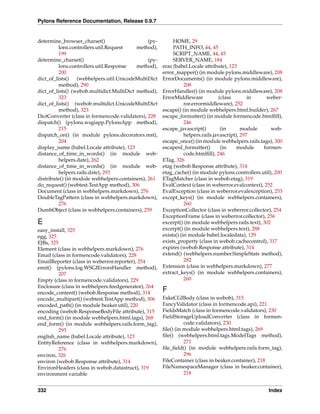 Pylons Reference Documentation, Release 0.9.7


determine_browser_charset()                     (py-    HOME, 29
          lons.controllers.util.Request    method),     PATH_INFO, 44, 45
          199                                           SCRIPT_NAME, 44, 45
determine_charset()                             (py-    SERVER_NAME, 184
          lons.controllers.util.Response   method),eras (babel.Locale attribute), 123
          200                                      error_mapper() (in module pylons.middleware), 208
dict_of_lists()   (webhelpers.util.UnicodeMultiDictErrorDocuments() (in module pylons.middleware),
          method), 290                                        208
dict_of_lists() (webob.multidict.MultiDict method),ErrorHandler() (in module pylons.middleware), 208
          323                                      ErrorMiddleware             (class       in    weber-
dict_of_lists() (webob.multidict.UnicodeMultiDict             ror.errormiddleware), 252
          method), 323                             escape() (in module webhelpers.html.builder), 267
DictConverter (class in formencode.validators), 228escape_formatter() (in module formencode.htmlﬁll),
dispatch() (pylons.wsgiapp.PylonsApp method),                 246
          215                                      escape_javascript()          (in      module     web-
dispatch_on() (in module pylons.decorators.rest),             helpers.rails.javascript), 297
          204                                      escape_once() (in module webhelpers.rails.tags), 300
display_name (babel.Locale attribute), 123         escapenl_formatter()         (in    module    formen-
distance_of_time_in_words() (in module web-                   code.htmlﬁll), 246
          helpers.date), 262                       ETag, 326
distance_of_time_in_words() (in module web-        etag (webob.Response attribute), 314
          helpers.rails.date), 293                 etag_cache() (in module pylons.controllers.util), 200
distribute() (in module webhelpers.containers), 261ETagMatcher (class in webob.etag), 319
do_request() (webtest.TestApp method), 306         EvalContext (class in weberror.evalcontext), 252
Document (class in webhelpers.markdown), 276       EvalException (class in weberror.evalexception), 253
DoubleTagPattern (class in webhelpers.markdown),   except_keys() (in module webhelpers.containers),
          276                                                 260
DumbObject (class in webhelpers.containers), 259   ExceptionCollector (class in weberror.collector), 254
                                                   ExceptionFrame (class in weberror.collector), 256
E                                                  excerpt() (in module webhelpers.rails.text), 302
easy_install, 325                                  excerpt() (in module webhelpers.text), 288
egg, 325                                           exists() (in module babel.localedata), 129
EJBs, 325                                          exists_property (class in webob.cachecontrol), 317
Element (class in webhelpers.markdown), 276        expires (webob.Response attribute), 314
Email (class in formencode.validators), 228        extend() (webhelpers.number.SimpleStats method),
EmailReporter (class in weberror.reporter), 254               282
emit() (pylons.log.WSGIErrorsHandler method), Extension (class in webhelpers.markdown), 277
          207                                      extract_keys() (in module webhelpers.containers),
Empty (class in formencode.validators), 229                   260
Enclosure (class in webhelpers.feedgenerator), 264
encode_content() (webob.Response method), 314      F
encode_multipart() (webtest.TestApp method), 306 FakeCGIBody (class in webob), 315
encoded_path() (in module beaker.util), 220        FancyValidator (class in formencode.api), 221
encoding (webob.ResponseBodyFile attribute), 315   FieldsMatch (class in formencode.validators), 230
end_form() (in module webhelpers.html.tags), 268   FieldStorageUploadConverter (class in formen-
end_form() (in module webhelpers.rails.form_tag),             code.validators), 230
          295                                      ﬁle() (in module webhelpers.html.tags), 269
english_name (babel.Locale attribute), 123         ﬁle() (webhelpers.html.tags.ModelTags method),
EntityReference (class in webhelpers.markdown),               271
          276                                      ﬁle_ﬁeld() (in module webhelpers.rails.form_tag),
environ, 326                                                  296
environ (webob.Response attribute), 314            FileContainer (class in beaker.container), 218
EnvironHeaders (class in webob.datastruct), 319    FileNamespaceManager (class in beaker.container),
environment variable                                          218


332                                                                                               Index
 